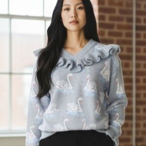 Stella McCartney Gray Swan Intarsia Ruffles Wool Sweater Italy Size 40 Size 8